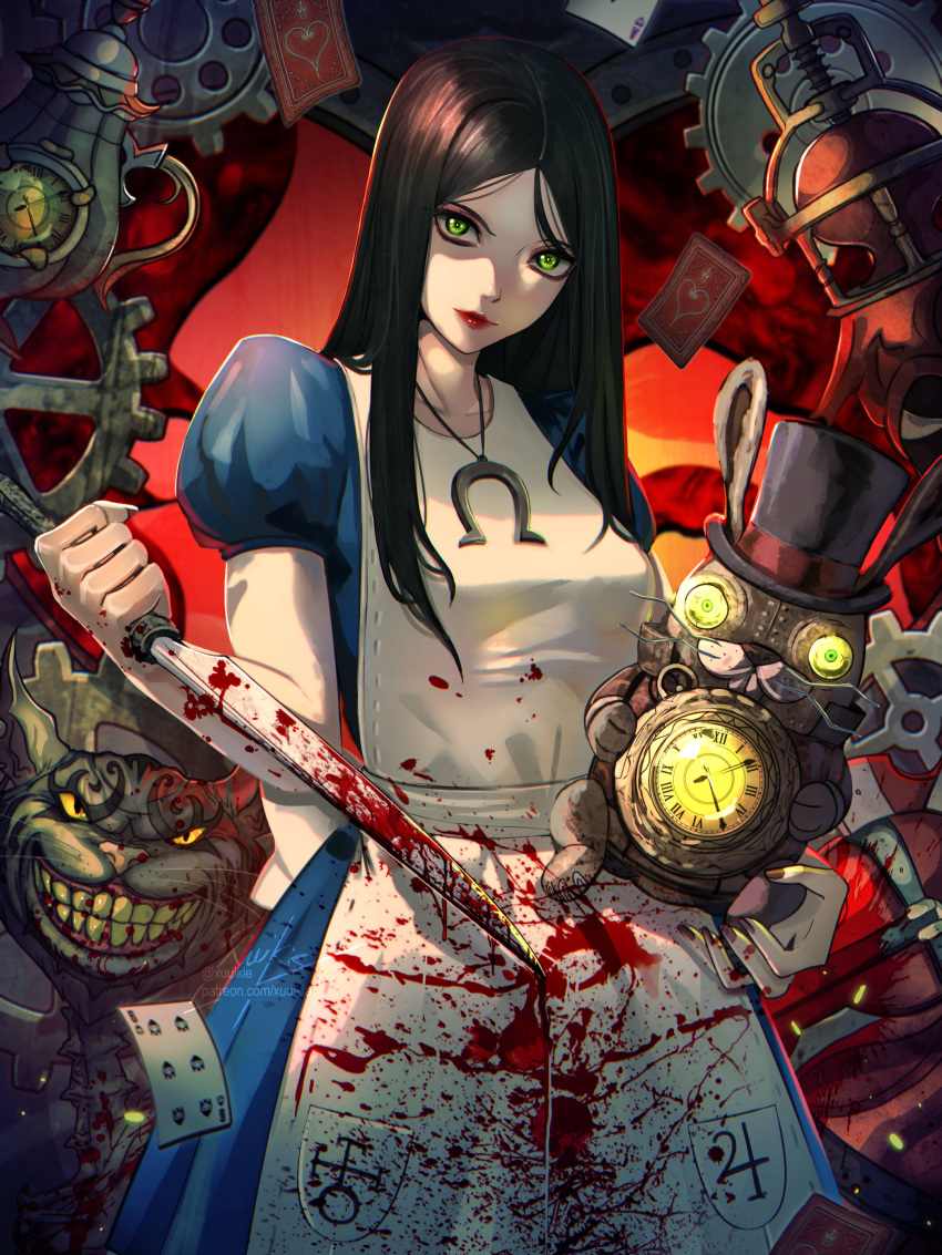 1girl absurdres alice_liddell_(american_mcgee's_alice) american_mcgee's_alice apron black_hair blood blood_on_clothes blood_on_weapon blue_dress cheshire_cat_(alice_in_wonderland) dress green_eyes highres horseshoe_necklace long_hair short_sleeves solo_focus weapon white_apron xuuikie_ashe