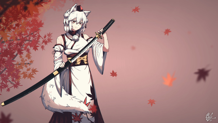 1641_(chfhrtor94) 1girl adapted_costume autumn_leaves bare_shoulders bow branch breasts closed_mouth detached_sleeves falling_leaves hat highres holding holding_sword holding_weapon inubashiri_momiji japanese_clothes katana kimono leaf leaf_print long_sleeves medium_breasts obi pom_pom_(clothes) red_eyes red_hat red_sash sash scabbard serious sheath sheathed smile solo sword tokin_hat touhou weapon white_hair white_kimono white_sleeves wide_sleeves yellow_bow