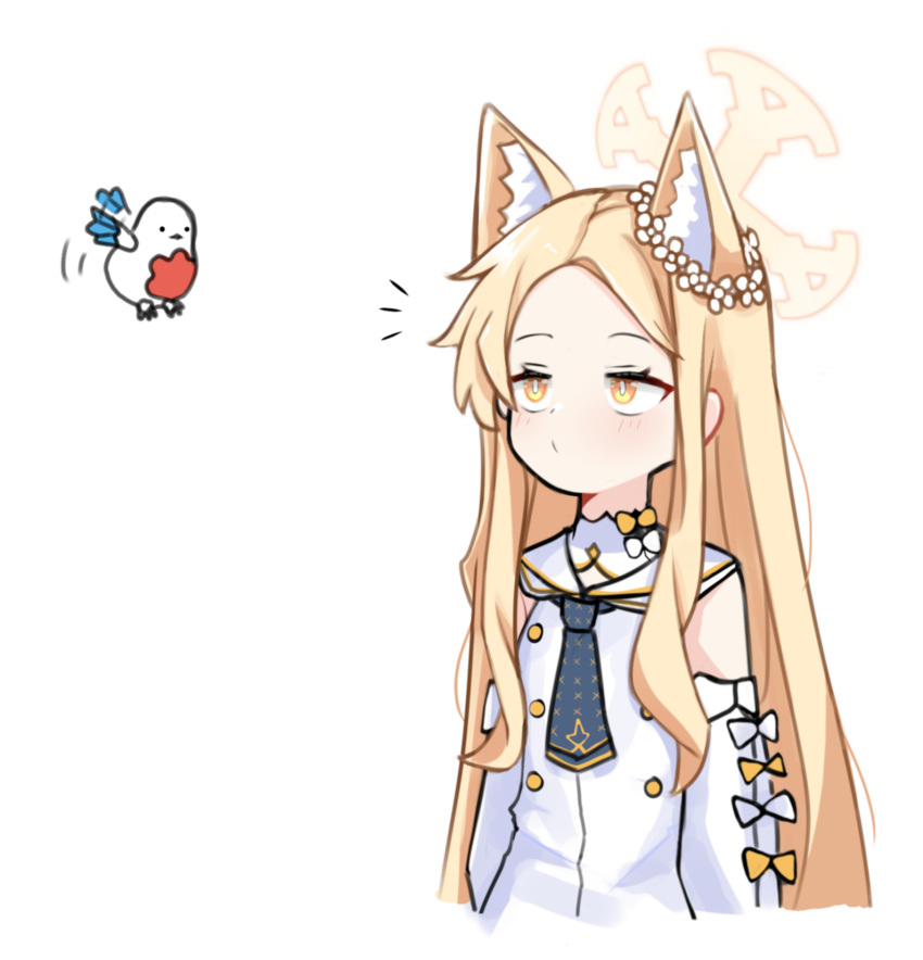 1girl animal_ear_fluff animal_ears arms_at_sides bird blonde_hair blue_archive blue_necktie bow cropped_torso crossover cruciform_halo detached_sleeves dress english_commentary extra_ears flower forehead fox_ears fox_girl hair_flower hair_ornament halo highres lobotomy_corporation long_hair looking_at_animal necktie notice_lines project_moon punishing_bird sari_(zakura27502762) seia_(blue_archive) sidelocks simple_background sleeveless sleeveless_dress solo very_long_hair white_background white_bird white_bow white_dress white_flower yellow_bow yellow_eyes yellow_halo