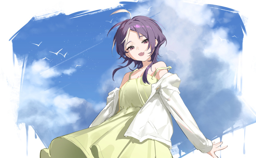 1girl absurdres ahoge bare_shoulders bird blue_sky clouds day dress elf green_dress highres jacket long_sleeves looking_at_viewer multicolored_hair nariku off_shoulder open_clothes open_jacket open_mouth original outdoors pointy_ears purple_hair short_hair sky sleeveless sleeveless_dress smile solo strap_slip streaked_hair violet_eyes white_hair white_jacket