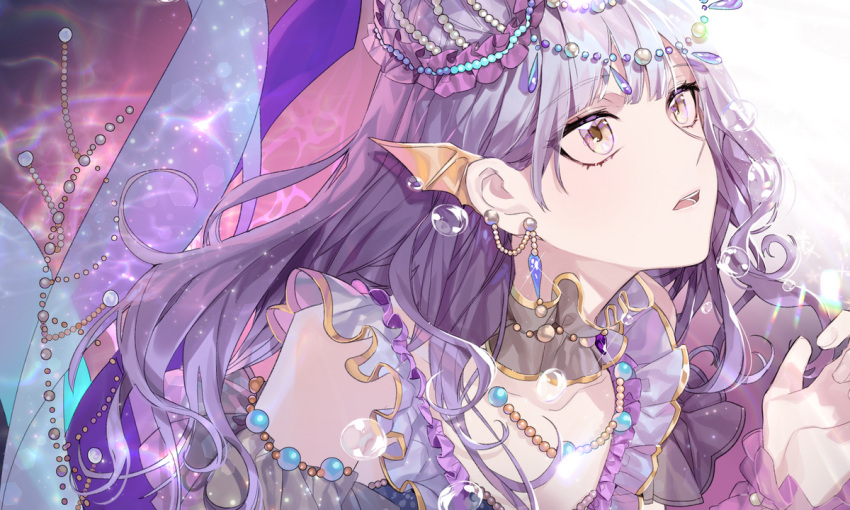 1girl alternate_costume bang_dream! bubble commentary_request detached_collar dress ear_wings earrings fresa_pie hand_up head_chain jewelry light_particles long_hair looking_up minato_yukina necklace parted_lips pearl_(gemstone) purple_dress purple_hair solo violet_eyes