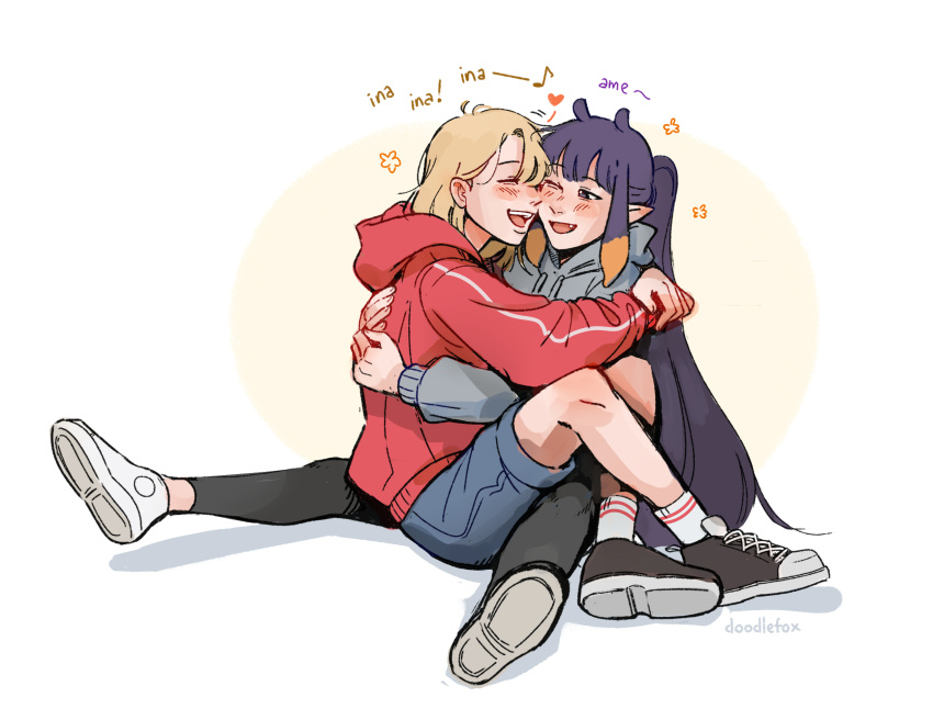 2girls alternate_hairstyle black_leggings blush cheek-to-cheek closed_eyes commentary denim denim_shorts doodlefox flower_(symbol) full_body grey_hoodie happy heads_together heart highres hololive hololive_english hood hoodie hug knees_up leggings long_hair looking_at_another multiple_girls ninomae_ina'nis one_eye_closed open_mouth pointy_ears ponytail red_hoodie shadow shoes short_hair shorts sitting sneakers very_long_hair violet_eyes virtual_youtuber watson_amelia white_background yuri