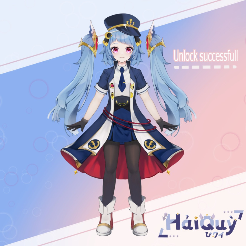 anchor_ornament anchor_symbol black_gloves black_pantyhose blue_coat blue_hair boots coat detached_hair gihikioku gloves hai_quy hair_ornament hair_wings hat highres light_smile magical_girl military_hat miniskirt necktie pantyhose red_eyes reference_sheet skirt smile twintails vietnamese_text virtual_youtuber wanderer_office