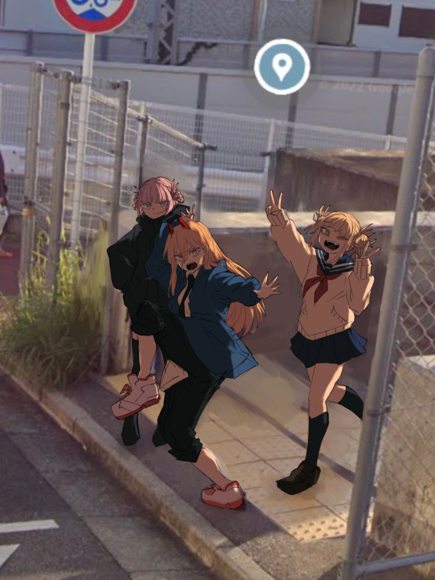 3girls black_footwear black_pants blonde_hair blue_eyes blunt_bangs boku_no_hero_academia braided_hair_rings cardigan chain-link_fence chainsaw_man crossover double_bun double_v fence full_body ginjaeru google_maps google_street_view hair_bun hair_rings high_school_girls_posing_for_google_street_view_(meme) highres horns long_hair looking_at_viewer meme messy_hair multiple_girls nanakusa_nazuna_(yofukashi_no_uta) neckerchief overhead_line pants photo_background power_(chainsaw_man) raised_curb red_horns red_neckerchief sailor_collar school_uniform shoes sidewalk smile sneakers standing standing_on_one_leg tactile_paving toga_himiko v white_footwear yellow_eyes yofukashi_no_uta