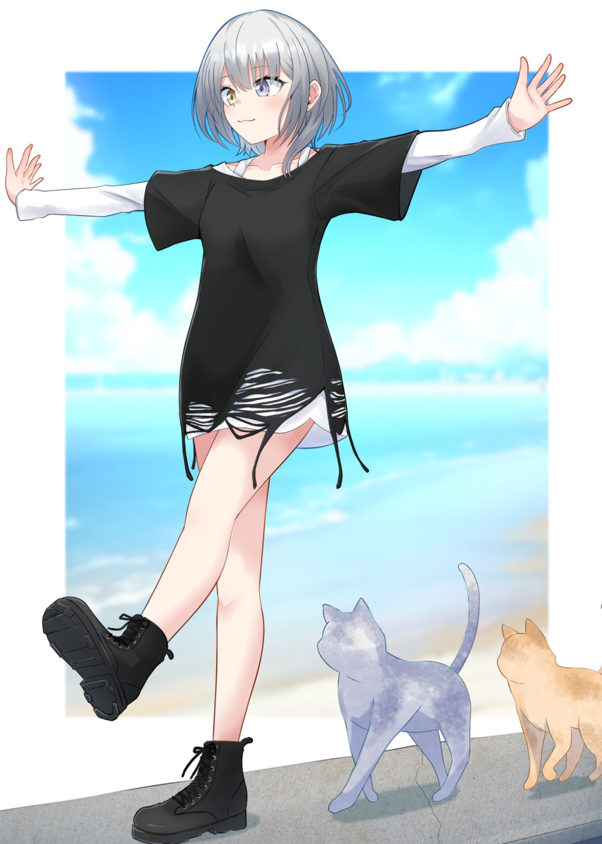 1girl :3 balancing bang_dream! bang_dream!_it's_mygo!!!!! black_footwear blue_eyes blue_sky blush closed_mouth clouds commentary_request day fukumaru1021 grey_cat heterochromia highres kaname_raana layered_sleeves long_sleeves medium_hair ocean orange_cat outdoors outstretched_arms short_over_long_sleeves short_sleeves shorts sky smile solo standing standing_on_one_leg white_hair white_shorts yellow_eyes