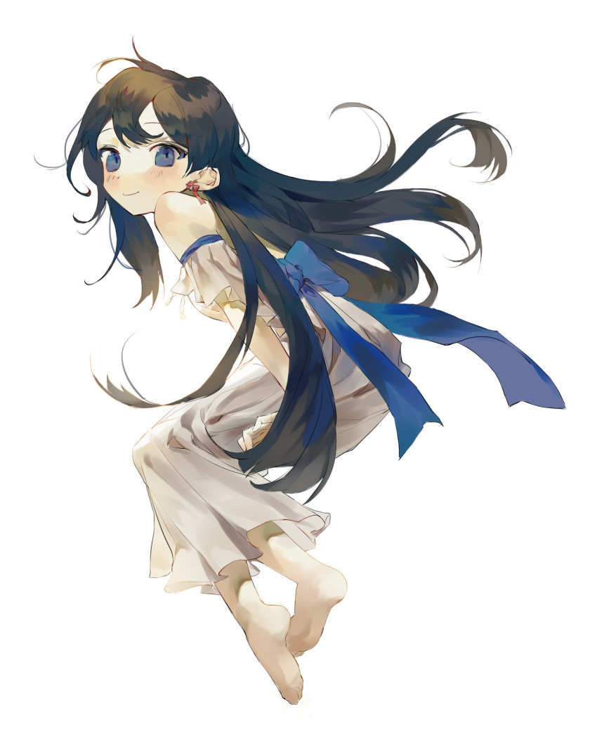 1girl bare_shoulders barefoot black_hair blue_bow blue_eyes blush bow closed_mouth dress earrings eunz feet full_body highres jewelry long_hair looking_at_viewer off-shoulder_dress off_shoulder original simple_background smile soles solo tachi-e toes white_background white_dress