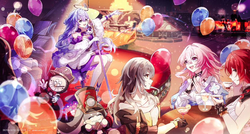 1boy 2others 4girls absurdres angel_wings anniversary archery_shooting_glove balloon black_choker black_gloves blue_jacket buttons choker clockie_(honkai:_star_rail) copyright_name earrings flower_ornament gloves gradient_jacket grey_hair halo highres himeko_(honkai:_star_rail) honkai:_star_rail honkai_(series) instrument jacket jewelry long_sleeves march_7th_(honkai:_star_rail) medium_hair multiple_girls multiple_others nanguagua438 open_mouth partially_fingerless_gloves piano pink_hair pink_jacket pom-pom_(honkai:_star_rail) purple_hair redhead robin_(honkai:_star_rail) shirt single_earring single_glove smile stelle_(honkai:_star_rail) sunday_(honkai:_star_rail) teeth tied_jacket trailblazer_(honkai:_star_rail) upper_teeth_only white_shirt wings
