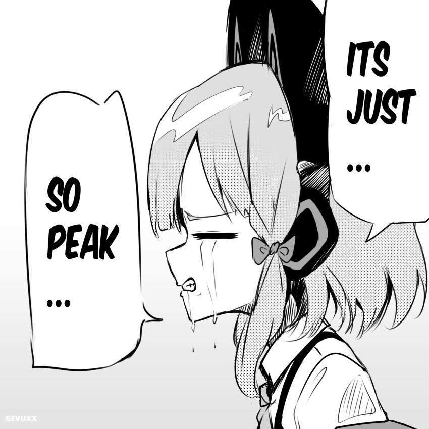 1girl =_= absurdres animal_ear_headphones animal_ears blue_archive blunt_bangs cat_ear_headphones clenched_teeth closed_eyes coat collared_shirt commentary crying english_commentary english_text fake_animal_ears from_side gevuxx greyscale hair_ribbon headphones highres it's_just_so_peak_(meme) long_sleeves meme momoi_(blue_archive) monochrome necktie open_clothes open_coat parted_bangs profile ribbon school_uniform shirt short_hair sidelocks solo speech_bubble streaming_tears suspenders tears teeth tress_ribbon upper_body