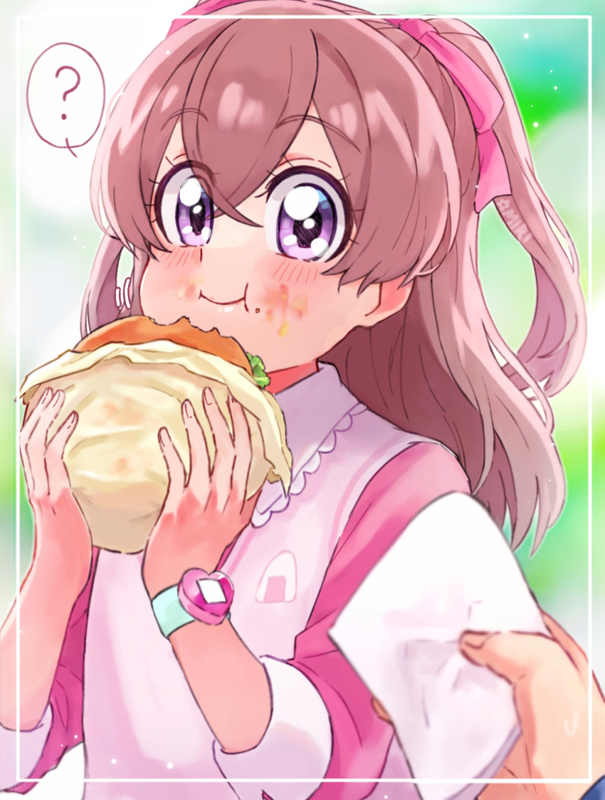 1girl ? blurry blurry_background blush burger close-up closed_mouth delicious_party_precure eating folded_napkin food food_on_face frilled_shirt frills hair_ornament highres holding holding_food long_sleeves miri_(crafimiri) nagomi_yui napkin onigiri_print precure shirt solo_focus twintails two-tone_eyes vest watch watch