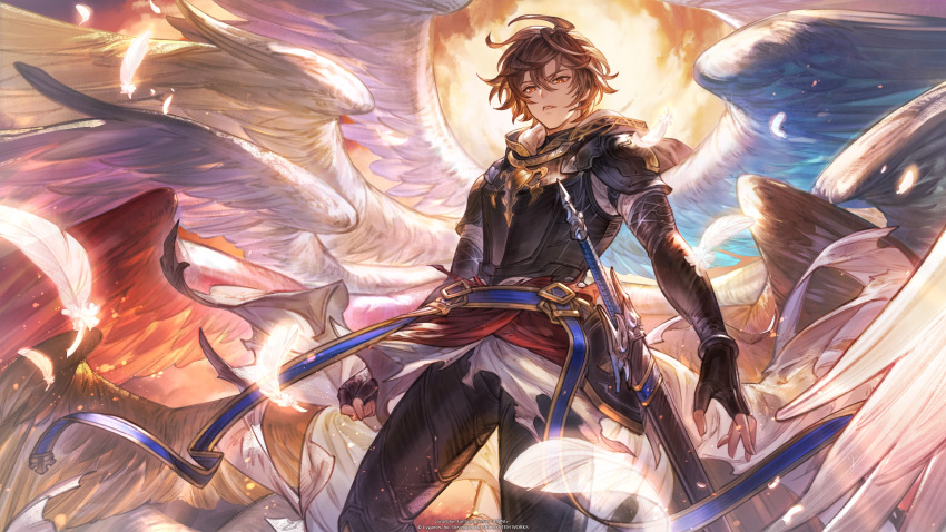 1boy absurdres ahoge armor belt bishounen blue_belt blue_wings breastplate brown_hair brown_wings cape clouds cloudy_sky company_name dawn expressionless falling_feathers feathers fingerless_gloves floating_cape from_below game_cg gloves granblue_fantasy granblue_fantasy_versus:_rising hair_between_eyes highres hood hood_down leather leather_pants light_particles logo looking_down male_focus messy_hair minaba_hideo multiple_wings official_art orange_sky pants parted_lips red_eyes red_wings sandalphon_(granblue_fantasy) scabbard sheath short_hair sky solo_focus sword third-party_source weapon white_cape white_feathers white_wings wings
