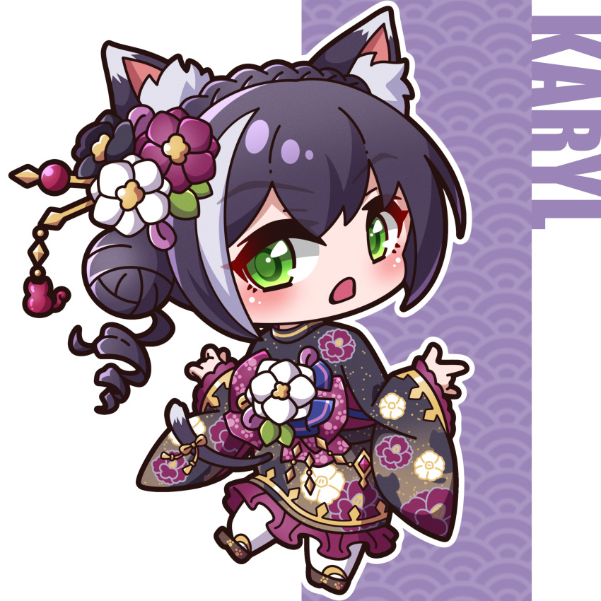 1girl absurdres animal_ear_fluff animal_ears black_hair black_kimono blush brown_footwear cat_ears cat_girl cat_tail character_name chibi commentary_request floral_print flower frilled_kimono frills full_body green_eyes grey_hair hair_between_eyes hair_bun hair_flower hair_ornament hair_stick highres japanese_clothes karyl_(new_year)_(princess_connect!) karyl_(princess_connect!) kimono long_hair long_sleeves looking_at_viewer looking_back multicolored_hair open_mouth princess_connect! print_kimono purple_background purple_flower saishosaisekojo sandals seigaiha sleeves_past_wrists socks solo standing standing_on_one_leg streaked_hair tabi tail tail_through_clothes white_background white_flower white_socks wide_sleeves zouri