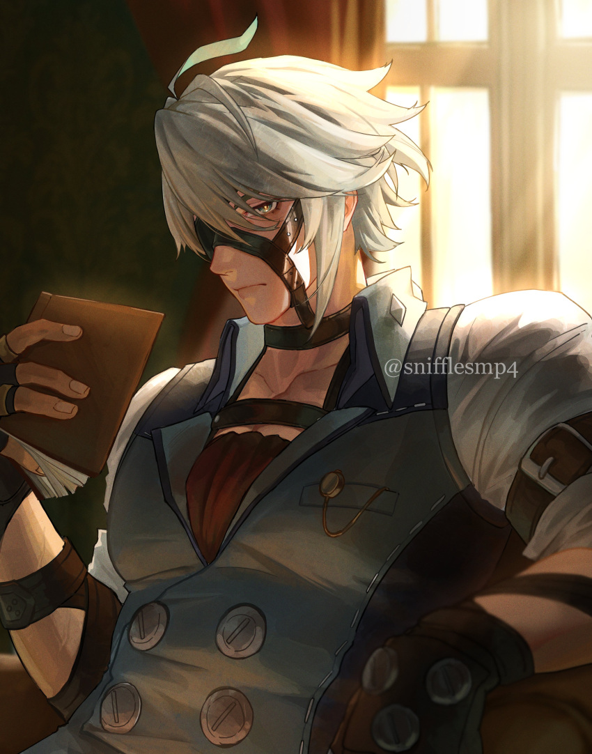 1boy absurdres ahoge alhaitham_(genshin_impact) arm_belt artist_name belt black_belt black_choker black_gloves bloom blurry blurry_background book breast_pocket buttons choker closed_mouth collarbone collared_vest commentary cosplay curtains double-breasted english_commentary eyepatch fingerless_gloves frown genshin_impact gloves green_eyes grey_hair grey_vest hair_between_eyes hand_up highres holding holding_book indoors lapels looking_at_viewer male_focus one_eye_covered parted_bangs pocket shirt short_hair short_sleeves sidelocks sitting snifflesmp4 solo twitter_username upper_body vest von_lycaon von_lycaon_(cosplay) white_shirt window zenless_zone_zero