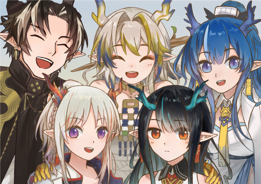 1boy 4girls :d ^_^ aqua_hair aqua_horns arknights bare_shoulders black_hair blonde_hair blue_eyes blue_hair blue_horns braid brother_and_sister brown_robe chinese_clothes chinese_commentary chong_yue_(arknights) closed_eyes closed_mouth commentary_request detached_collar dragon_boy dragon_girl dragon_horns dusk_(arknights) earrings ethel_(wuming165872) expressionless facing_viewer family grey_hair grey_horns group_picture hair_intakes hand_on_another's_shoulder high_collar highres horns jewelry ling_(arknights) long_hair looking_at_viewer multicolored_hair multiple_girls necklace necktie nian_(arknights) open_mouth orange_eyes pointy_ears red_horns redhead robe shu_(arknights) siblings sidelocks sisters sketch smile split_mouth streaked_hair teeth upper_body upper_teeth_only violet_eyes yellow_horns yellow_necktie