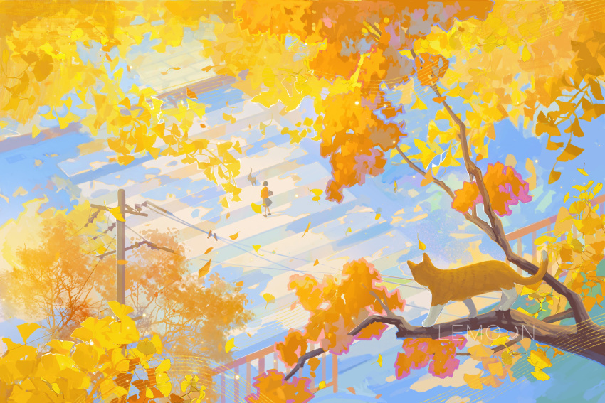 1girl absurdres autumn autumn_leaves bag black_bag black_footwear blue_skirt brown_hair cat chinese_commentary colorful commentary_request falling_leaves from_behind full_body highres holding holding_bag jacket leaf light_particles miniskirt ningmeng_manyou orange_jacket original power_lines procreate_(medium) railing school_bag shoes short_hair skirt solo sunlight tree wide_shot