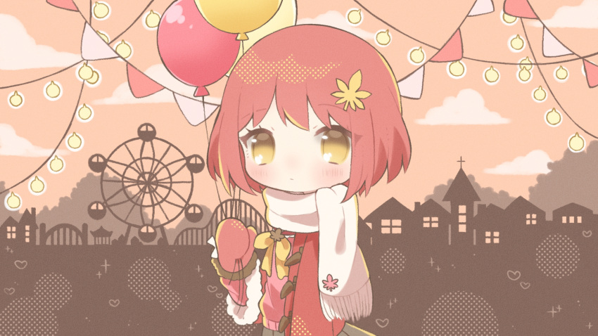1girl album_cover balloon blush closed_mouth cover ferris_wheel hair_ornament highres holding holding_balloon jacket leaf_hair_ornament long_sleeves looking_at_viewer maple_cafeteria mittens no_nose omoi_(omochan) red_jacket redhead scarf short_hair solo string_of_flags upper_body white_scarf yellow_eyes