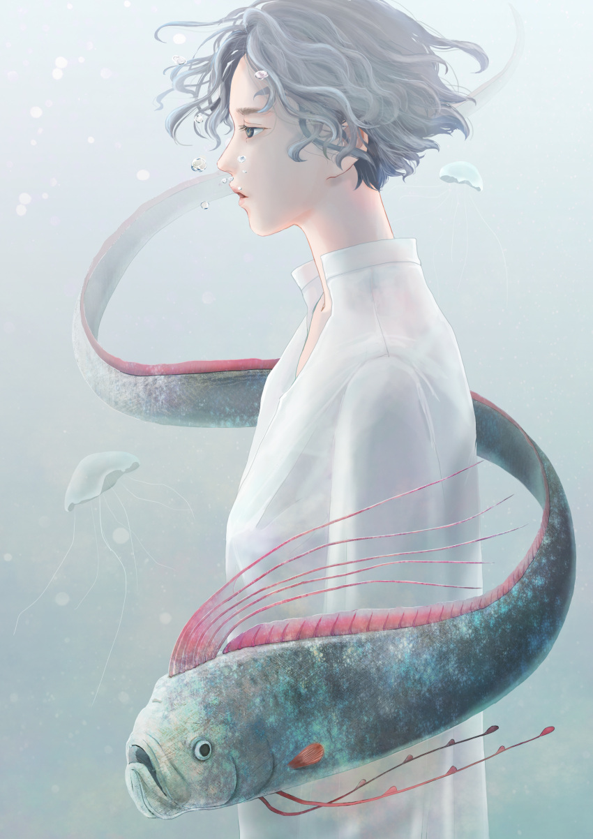 1boy absurdres air_bubble animal arms_at_sides bubble commentary eyelashes fish from_side grey_background grey_eyes grey_hair highres ikuminimam jellyfish male_focus oarfish original parted_lips shirt short_hair solo white_shirt