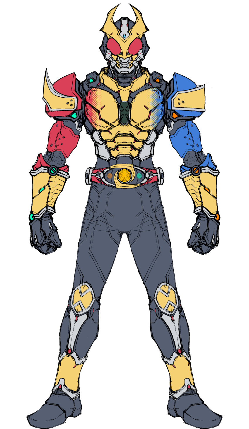 1boy absurdres agito_(trinity_form) altering_(agito) armor asymmetrical_armor belt blue_armor bodysuit compound_eyes full_body gold_horns helmet highres horns kamen_rider kamen_rider_agito kamen_rider_agito_(series) looking_at_viewer mask red_armor red_eyes rider_belt tokusatsu zd19990214