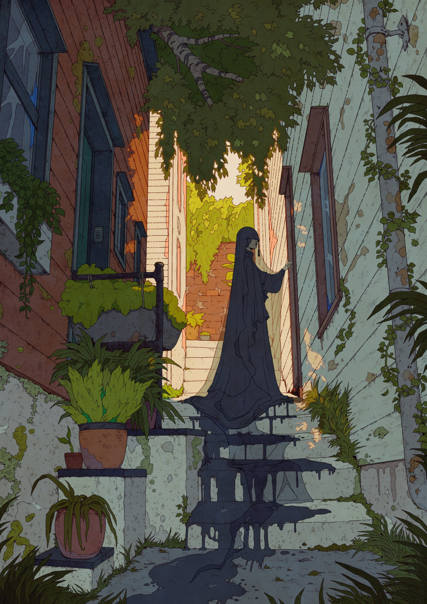1other absurdres ambiguous_gender black_robe black_veil brick_wall building commentary covered_eyes dappled_sunlight day dilapidated door english_commentary from_below highres hood hood_up hooded_robe house industrial_pipe ionomycin ivy leaf liquid moss original outdoors plant potted_plant robe scenery solo stairs standing sunlight tree veil wide_shot window