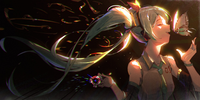 1girl :d absurdres aqua_hair aqua_necktie black_sleeves bug butterfly closed_eyes collared_shirt detached_sleeves floating_hair gloves grey_shirt hatsune_miku headphones highres holding long_hair necktie open_mouth shirt sleeveless sleeveless_shirt smile solo twintails upper_body very_long_hair vocaloid white_gloves wing_collar xiao_gu_wang