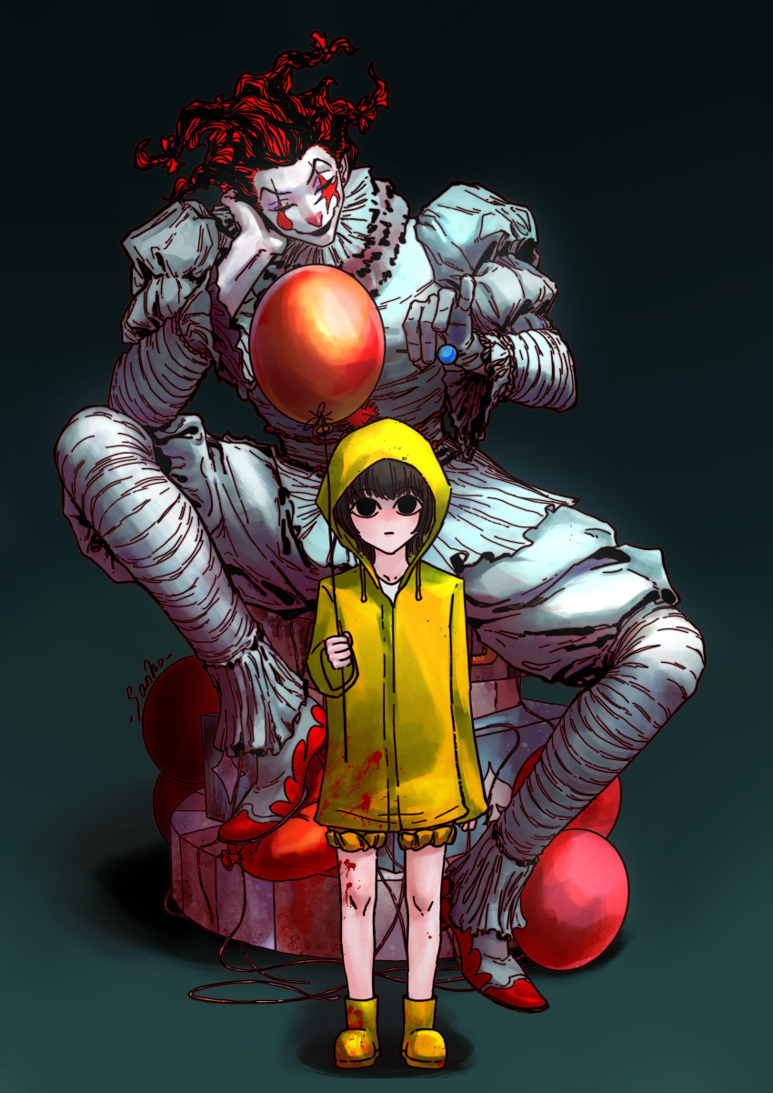 absurdres aged_down alternate_costume balloon candy clown empty_eyes evil_smile facial_mark food full_body highres hisoka_morow horror_(theme) hunter_x_hunter illumi_zoldyck it_(stephen_king) lollipop looking_at_viewer male_focus redhead sanho_sanho short_hair size_difference smile spiky_hair spread_legs standing star_(symbol) star_facial_mark straight-on teardrop_facial_mark time_paradox yellow_raincoat