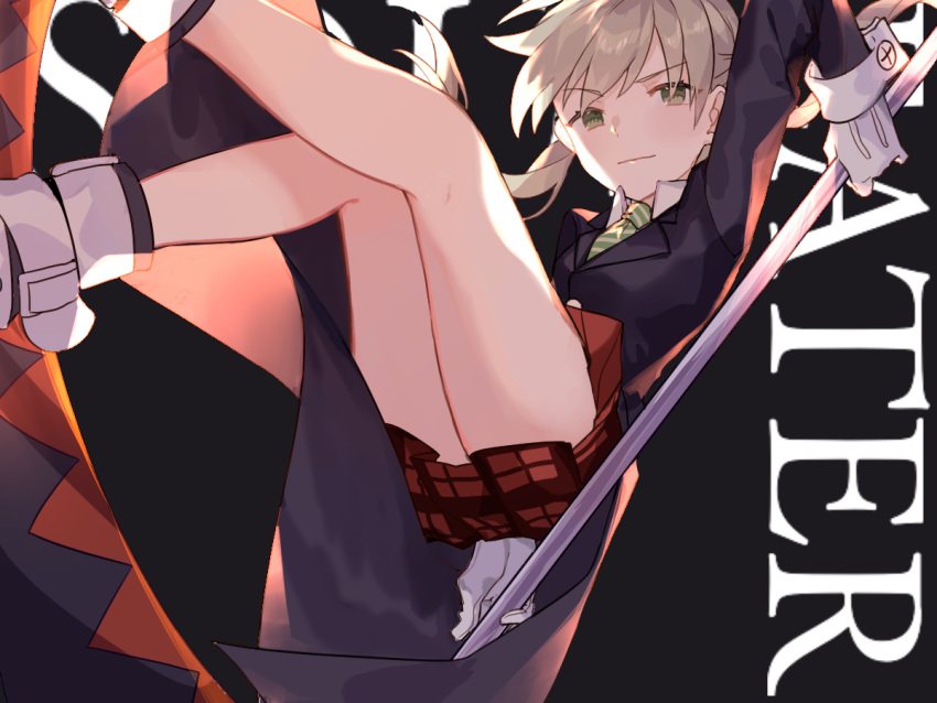 1girl blonde_hair caddy_cyd cardigan collared_shirt copyright_name english_text falling gloves green_eyes holding holding_scythe maka_albarn necktie plaid plaid_skirt scythe shirt skirt sleeve_cuffs solo soul_eater striped_necktie twintails weapon