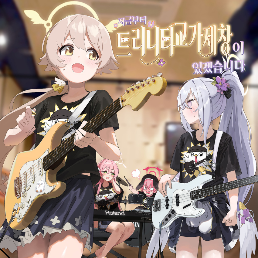 &lt;|&gt;_&lt;|&gt; 4girls :d azusa_(blue_archive) bass_guitar black_hat black_shirt black_shorts black_skirt blue_archive blurry blurry_background blush closed_mouth drum drum_set drumsticks fender_jazz_bass flower green_eyes grey_hair guitar hair_flower hair_ornament halo hanako_(blue_archive) hat head_wings hifumi_(blue_archive) high_ponytail highres holding holding_drumsticks holding_instrument instrument keyboard_(instrument) koharu_(blue_archive) korean_text light_brown_hair long_hair looking_at_another low_wings make-up_work_club_(blue_archive) mo_ne multiple_girls music open_mouth peroro_(blue_archive) pink_hair playing_instrument puff_of_air purple_flower red_halo shirt short_sleeves shorts sitting skirt smile t-shirt translation_request violet_eyes white_wings wings yellow_eyes