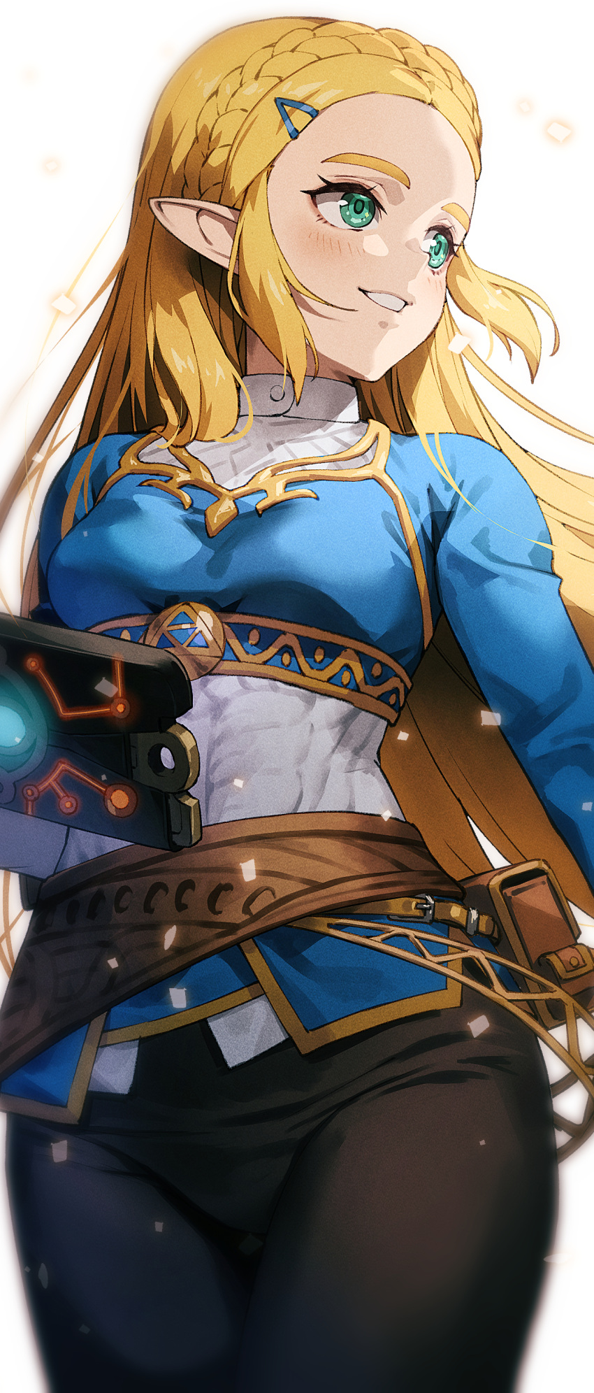 1girl absurdres belt_pouch black_pants blonde_hair blue_shirt braid breasts chyko cowboy_shot crown_braid green_eyes highres long_hair long_sleeves looking_to_the_side medium_breasts pants parted_lips pointy_ears pouch princess_zelda sheikah_slate shirt sidelocks smile solo the_legend_of_zelda the_legend_of_zelda:_breath_of_the_wild white_background