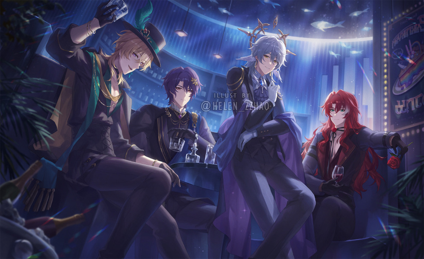 4boys argenti_(honkai:_star_rail) aventurine_(honkai:_star_rail) black_gloves black_hat black_jacket black_shirt blonde_hair collared_shirt cup dr._ratio_(honkai:_star_rail) drinking_glass earrings gloves green_eyes grey_hair hair_between_eyes halo hat hat_feather head_wings helen_zzhao highres holding honkai:_star_rail honkai_(series) jacket jewelry long_hair looking_at_viewer male_focus multiple_boys red_eyes redhead shirt short_hair sitting suit sunday_(honkai:_star_rail) white_gloves wine_glass wings yellow_eyes