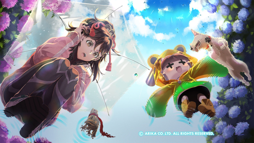 2girls brown_eyes brown_hair character_request clouds dog fighting_ex_layer full_body hair_ribbon highres holding holding_umbrella long_hair multiple_girls nanase_(street_fighter) official_art official_wallpaper open_mouth rain_(technictix) ribbon smile technictix umbrella