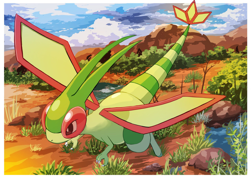 animal_focus antennae bare_tree blue_sky border bush claws clouds colored_skin commentary_request flygon flying grass green_skin hazikamiio highres no_humans outdoors outside_border pokemon pokemon_(creature) rock sky tail tree white_border wings