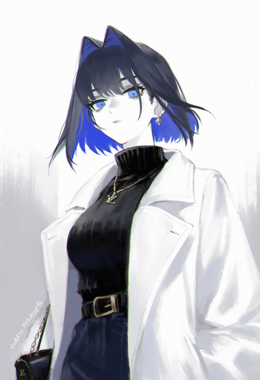 1girl alternate_costume artist_name bag belt black_belt black_hair black_sweater blue_eyes blue_hair breasts coat colored_inner_hair denim earrings english_commentary hair_intakes handbag highres hololive hololive_english jeans jewelry large_breasts long_sleeves looking_at_viewer multicolored_hair necklace open_clothes open_coat ouro_kronii pants short_hair solo sweater tomatoketchup96 turtleneck turtleneck_sweater two-tone_hair virtual_youtuber white_coat