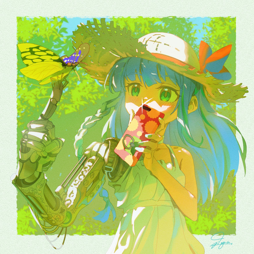 1girl bare_shoulders blue_hair blush border braid bug butterfly butterfly_on_hand cellphone day dress flat_chest green_eyes grey_border hat highres holding holding_phone jdge long_hair mechanical_arms mechanical_parts nature original outdoors outside_border phone prosthesis prosthetic_arm side_braid signature single_mechanical_arm smartphone solo straw_hat sunlight upper_body white_dress
