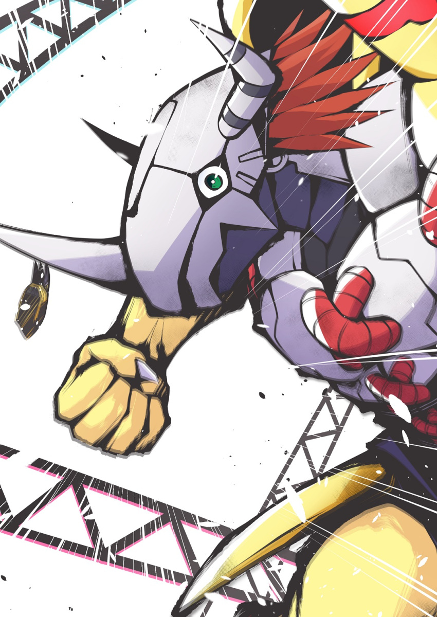 1boy armor clenched_hand colored_skin covering_face crotch_plate digimon digimon_(creature) digimon_adventure digimon_adventure:_bokura_no_war_game dragon green_eyes helmet highres incoming_attack mitosupa_(qsiqydfz7nesh9w) orange_armor orange_skin punching redhead short_hair solo speed_lines spiky_hair wargreymon white_armor white_background