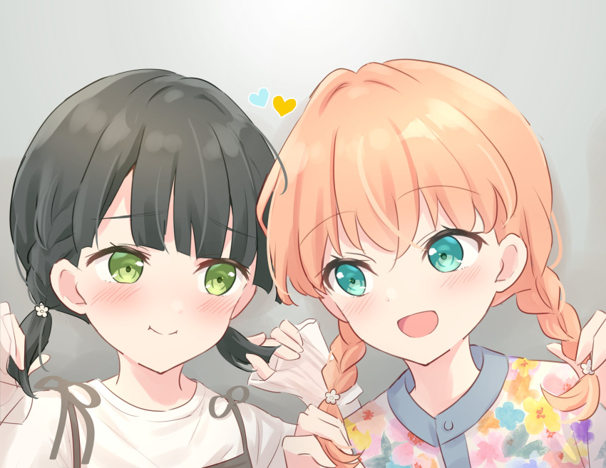 2girls :d :i alt_text alternate_costume alternate_hairstyle aqua_eyes black_hair blunt_bangs blush braid closed_mouth commentary_request crossed_bangs eye_contact floral_print_shirt flower french_braided_twintails gradient_background green_eyes grey_background hair_flower hair_ornament heart highres hinoshita_kaho holding holding_own_hair link!_like!_love_live! long_sleeves looking_at_another love_live! low_twin_braids low_twintails medium_hair momose_ginko multiple_girls open_mouth orange_hair portrait shirt side_braids sleeves_past_wrists smile split_mouth twin_braids twintails virtual_youtuber white_shirt yutuki_ame