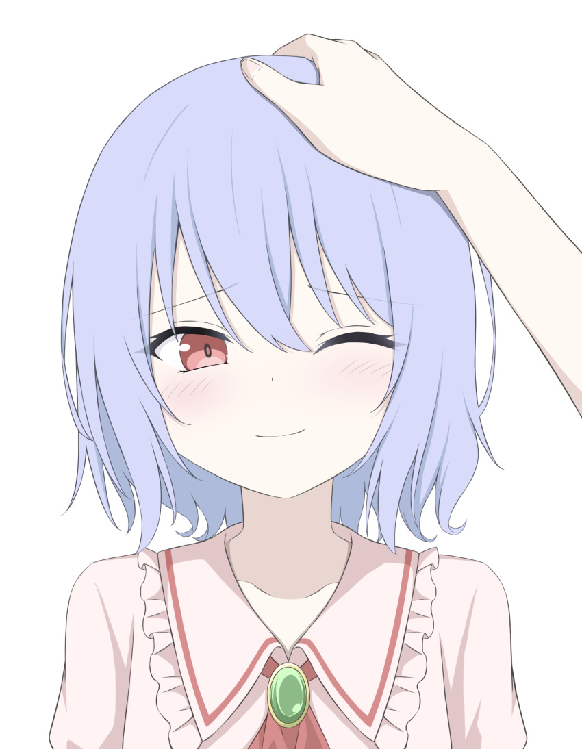 1girl 1other ;) anime_coloring blue_hair blush bright_pupils cel_shading close-up closed_mouth collarbone commentary frilled_shirt_collar frills gem green_gemstone hair_between_eyes hand_on_another's_head happy headpat highres looking_at_viewer no_headwear one_eye_closed out_of_frame pink_shirt portrait pov pov_hands raised_eyebrows red_eyes remilia_scarlet shirt short_hair simple_background smile solo_focus split_mouth straight-on szl touhou white_background