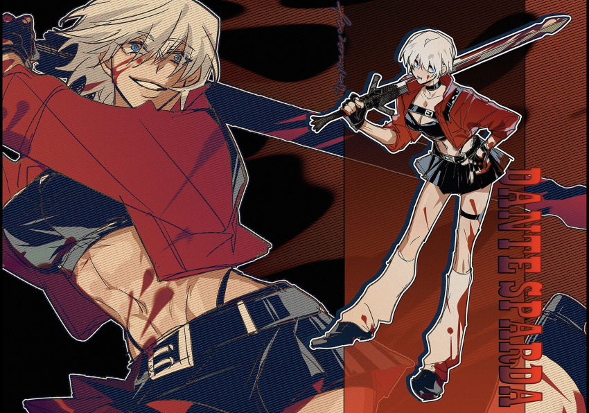 1girl 3hkxbot abs blood blood_on_face blue_eyes breasts choker crop_top dante_(devil_may_cry) devil_may_cry_(series) devil_may_cry_3 fingerless_gloves gloves hand_on_own_hip highres holding holding_weapon large_breasts looking_at_viewer midriff multiple_views muscular muscular_female navel open_clothes rebellion_(sword) skirt smile solo standing sword weapon white_hair
