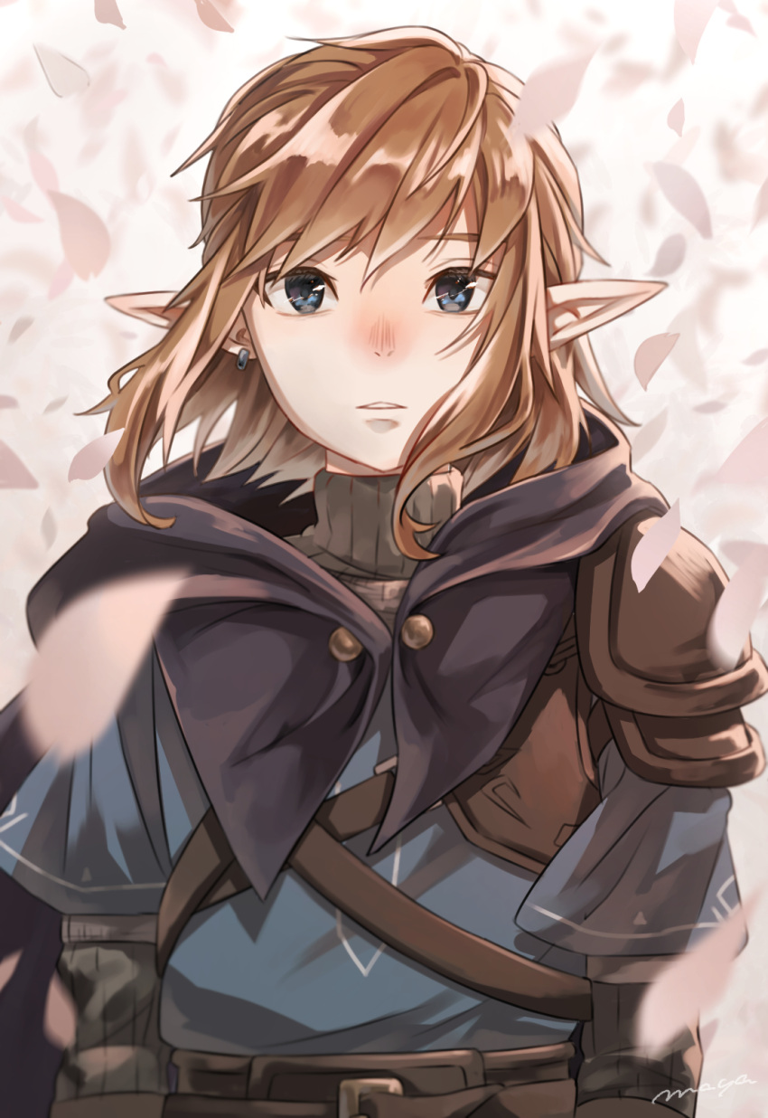 1boy armor belt black_cape blue_eyes blue_tunic blush brown_belt brown_hair cape cherry_blossoms earrings falling_petals floating_hair high_collar highres jewelry link looking_at_viewer male_focus maya_(mayamayammy) medium_hair nose_blush parted_lips pauldrons petals pointy_ears shoulder_armor signature single_pauldron solo the_legend_of_zelda the_legend_of_zelda:_tears_of_the_kingdom upper_body white_background