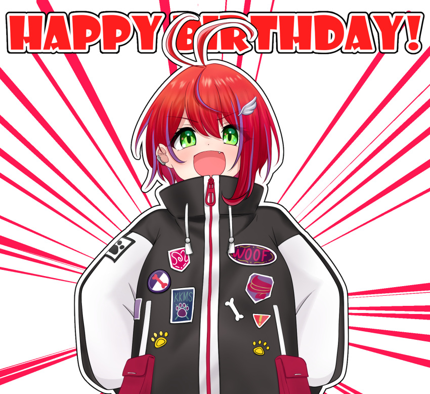 1girl :d akane_canna akane_canna_(2nd_costume) antenna_hair black_coat blush bone coat commentary_request cuore_0624 earclip fang green_eyes hair_between_eyes happy_birthday highres lapel_pin long_sleeves looking_at_viewer medium_bangs multicolored_coat multicolored_hair nanashi_inc. official_alternate_costume open_mouth oversized_clothes patch paw_print purple_hair redhead short_hair smile solo streaked_hair two-tone_coat two-tone_hair upper_body virtual_youtuber white_background white_coat