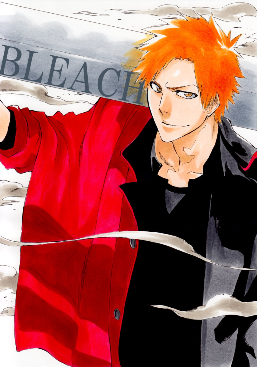 &gt;:) 1boy alternate_costume black_shirt bleach brown_eyes casual closed_mouth collarbone commentary_request copyright_name hand_up highres holding holding_sword holding_weapon jacket ken'ichi_(ken1ro_u) kubo_tite_(style) kurosaki_ichigo long_sleeves looking_at_viewer male_focus nose official_style open_clothes open_jacket orange_hair parted_bangs red_jacket shirt short_hair simple_background sleeves_rolled_up smile smirk smoke solo spiky_hair sword upper_body v-shaped_eyebrows weapon white_background