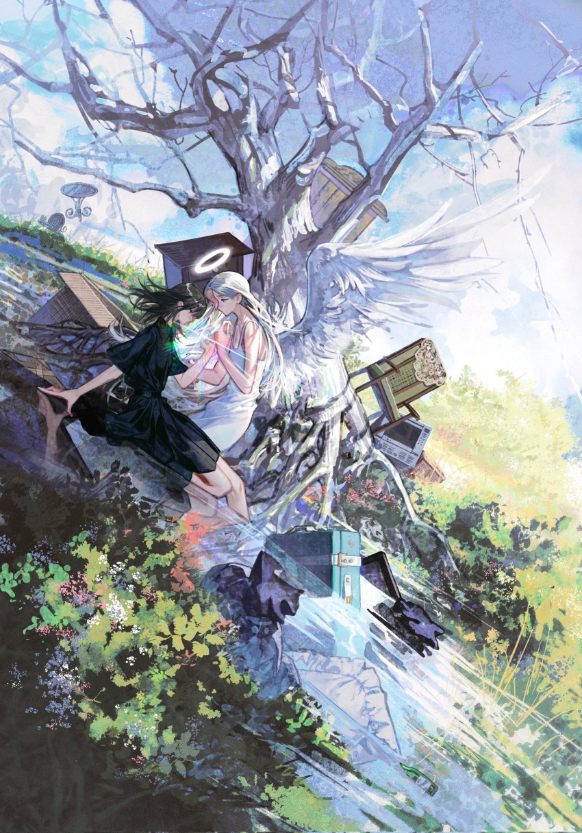2girls acyantree angel angel_wings bare_tree barefoot black_dress black_hair black_shirt building bush chair clouds day dress feathered_wings halo highres holding_hands long_hair looking_at_another multiple_girls original outdoors scenery shirt short_sleeves sitting sky sleeveless sleeveless_dress suitcase tree water white_dress white_hair white_wings wings