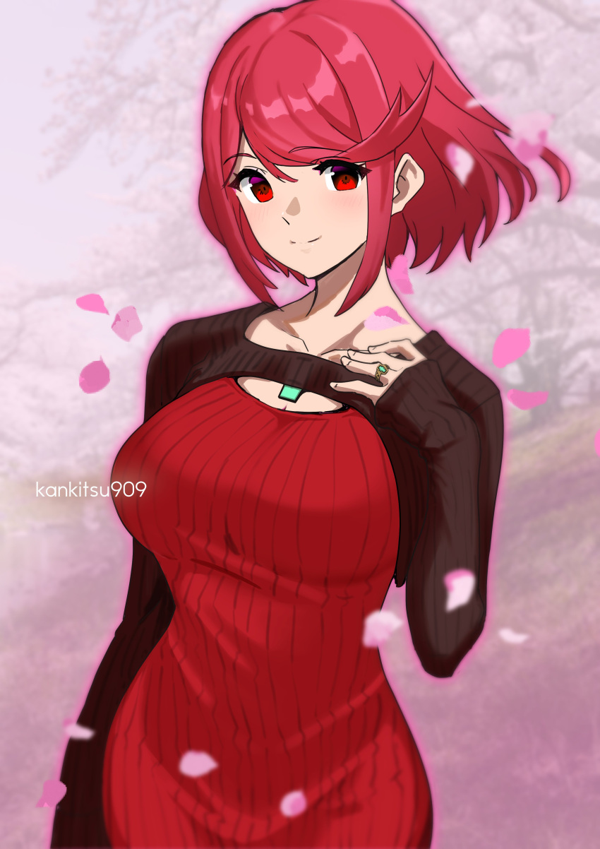 absurdres artist_name black_sleeves blurry blurry_background blurry_foreground breasts chest_jewel collarbone cowboy_shot dress falling_petals highres jewelry karian909 large_breasts looking_at_viewer petals pyra_(xenoblade) red_dress red_eyes redhead ring short_hair sweater sweater_dress xenoblade_chronicles_(series) xenoblade_chronicles_2