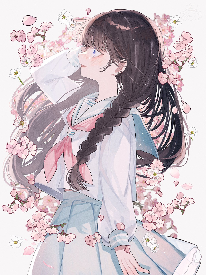 1girl :d arm_at_side blue_eyes blunt_bangs blush braid cherry_blossoms cowboy_shot earrings floating_hair flower from_side grey_sailor_collar grey_skirt hair_over_shoulder hand_in_own_hair harumi_nimu highres jewelry long_hair long_sleeves looking_ahead neckerchief open_mouth original petals pink_flower pink_neckerchief pleated_skirt profile sailor_collar school_uniform serafuku shirt side_braid sidelocks simple_background skirt sleeve_cuffs smile solo stud_earrings white_background white_shirt