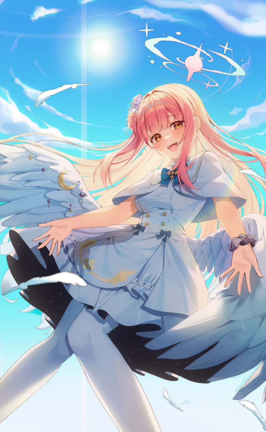 1girl absurdres blue_archive blue_sky capelet clouds cloudy_sky commentary_request crescent crescent_pin day dress falling_feathers feathered_wings feathers hair_bun halo highres long_hair looking_at_viewer low_wings maeng-i_(meng-e) mika_(blue_archive) open_mouth pantyhose pink_hair pink_halo scrunchie single_hair_bun single_side_bun sky smile solo sun white_capelet white_dress white_feathers white_pantyhose white_wings wing_ornament wings wrist_scrunchie yellow_eyes
