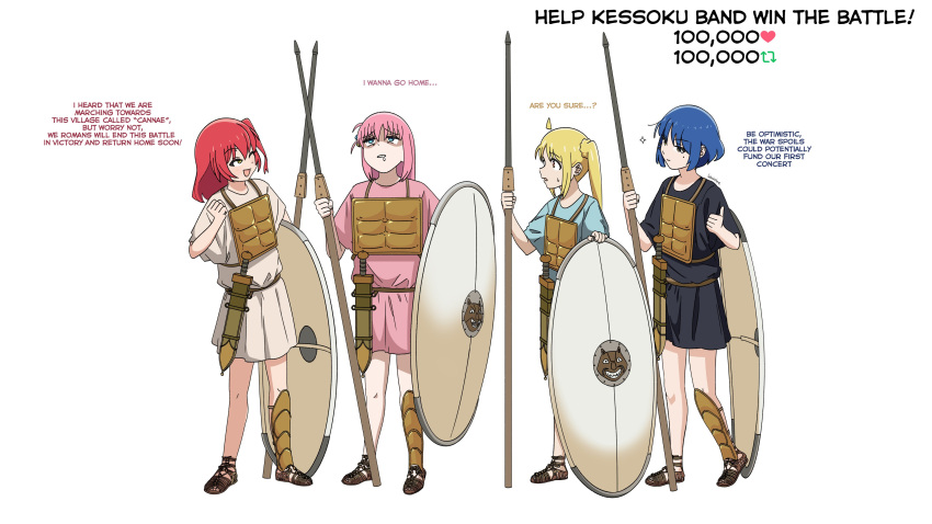 4girls absurdres alternate_costume aqua_eyes armor blonde_hair blue_hair bocchi_the_rock! breastplate english_commentary english_text gotoh_hitori greaves greco-roman_clothes head_tilt highres holding holding_polearm holding_weapon ijichi_nijika kita_ikuyo long_hair medium_hair mole mole_under_eye multiple_girls one_eye_closed open_mouth pilum pink_hair polearm red_eyes redhead roman_clothes sandals shaded_face shield short_hair side_ponytail signature single_greave smile spear sweatdrop sword thumbs_up tunic very_long_hair weapon weebsteve white_background yamada_ryo yellow_eyes