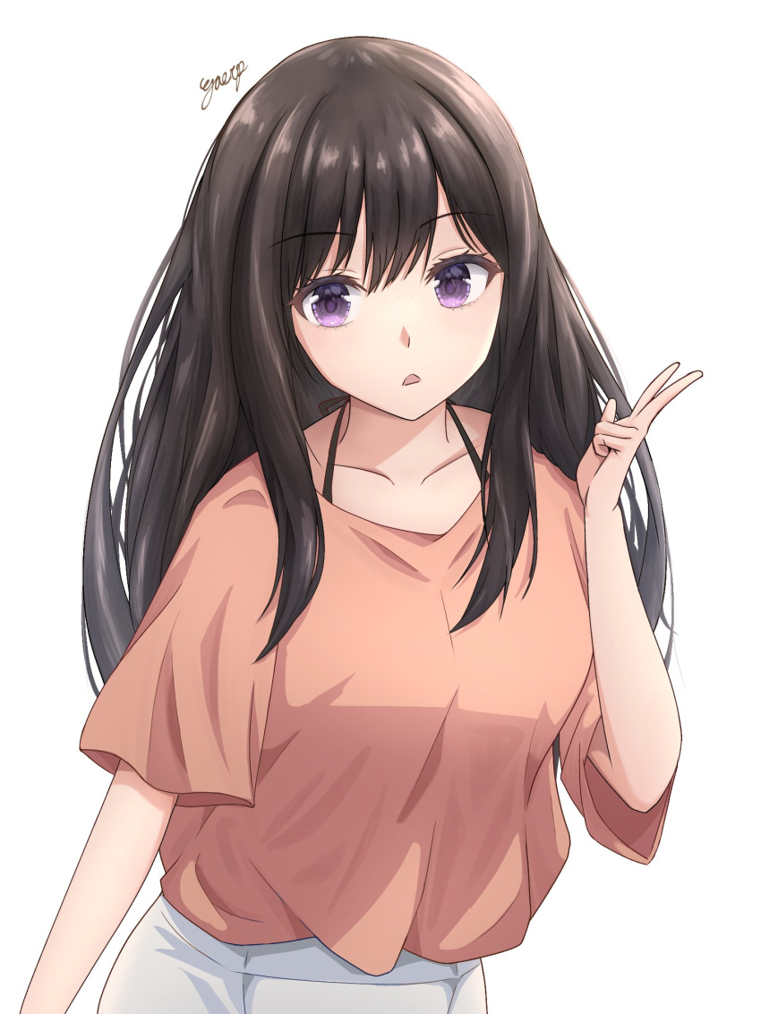 1girl black_hair commentary cowboy_shot gaerp4 halterneck hashtag-only_commentary highres inoue_takina long_hair looking_at_viewer lycoris_recoil open_mouth orange_shirt purple_hair shirt short_sleeves sidelocks signature simple_background solo v white_background