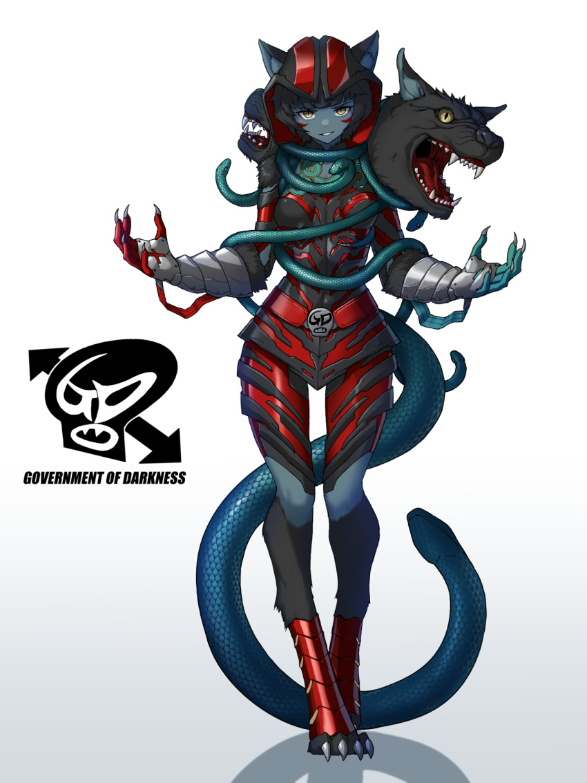 1girl animal_ear_fluff animal_ears animal_feet armor black_hair cerberus character_request check_copyright colored_skin copyright_request digitigrade dog_ears eidenjyou1997 full_body gauntlets gradient_background grey_skin highres kaijin kamen_rider_x looking_at_viewer monster_girl multiple_heads personification snake snake_head_tail solo tail yellow_eyes