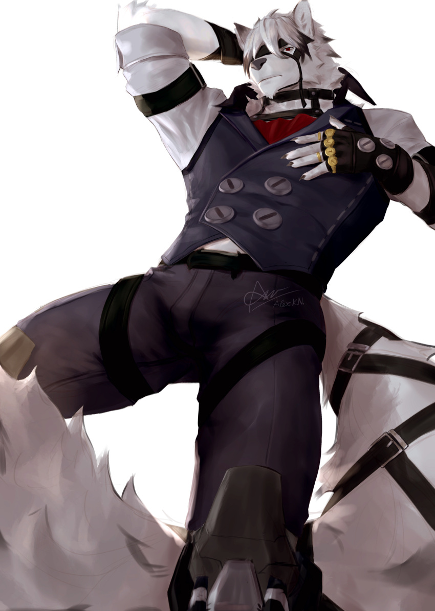 1boy absurdres animal_ears arm_behind_head arm_up ascot black_gloves black_pants black_vest claws english_commentary eyepatch fingerless_gloves furry furry_male gloves hand_on_own_chest highres hinnab_art looking_at_viewer male_focus one_eye_covered pants red_ascot red_eyes shirt signature tail vest von_lycaon white_background white_shirt wolf_boy wolf_ears wolf_tail zenless_zone_zero