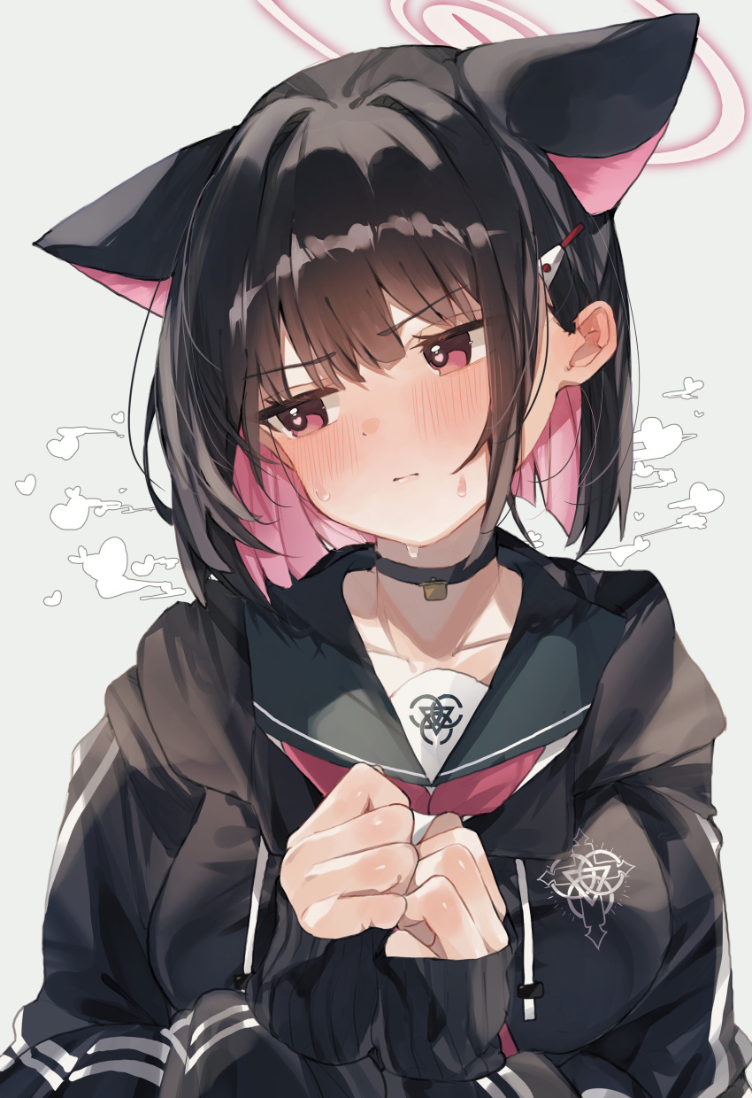 1girl absurdres animal_ears black_choker black_hair black_hoodie blue_archive blunt_bangs blush bob_cut cat_ears choker clenched_hands closed_mouth collarbone colored_inner_hair commentary embarrassed extra_ears green_sailor_collar grey_background halo head_tilt heart heart-shaped_pupils higa_(gominami) highres hood hoodie jitome kazusa_(blue_archive) looking_to_the_side multicolored_hair neckerchief nose_blush own_hands_together pink_hair pink_halo pink_neckerchief red_eyes sailor_collar school_uniform serafuku short_hair simple_background sleeves_past_wrists solo straight_hair sweat symbol-shaped_pupils tsurime upper_body v-shaped_eyebrows