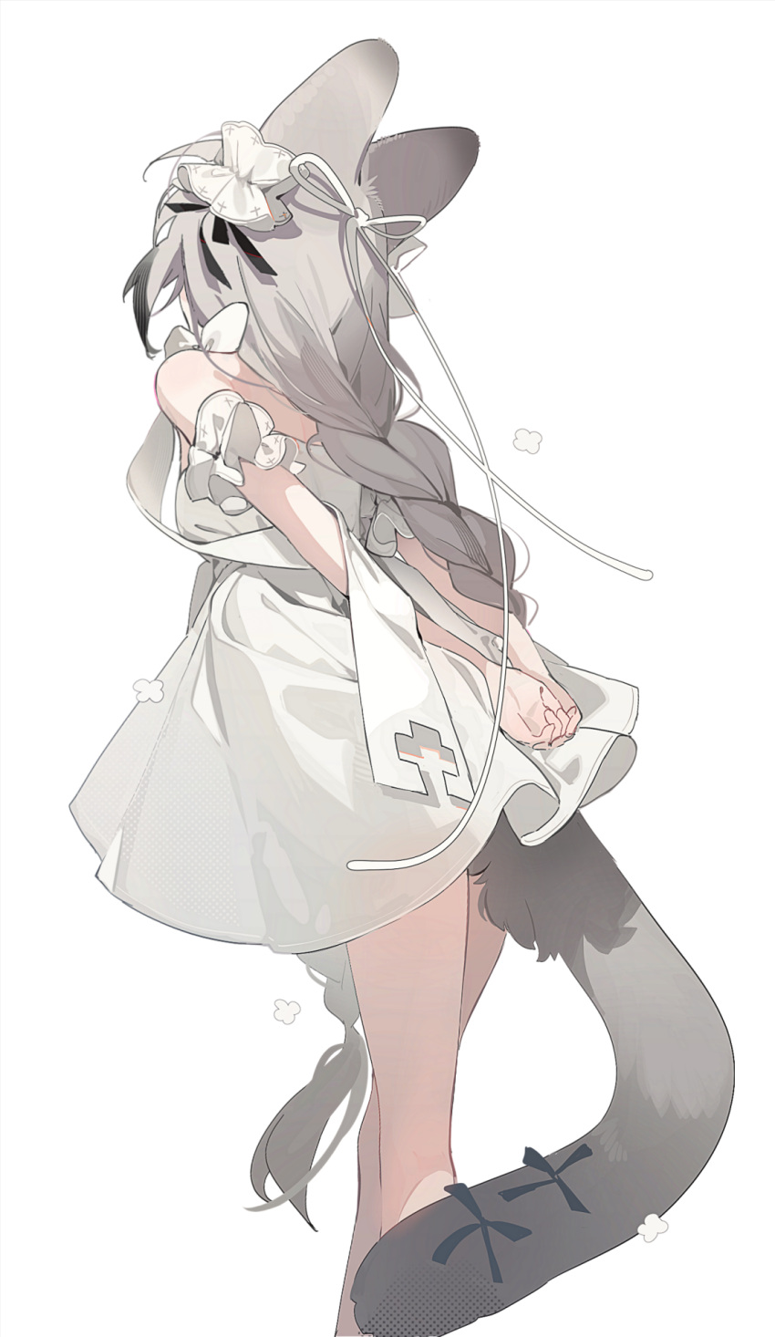1girl animal_ears arin_(fanfan013) arms_behind_back bare_arms bare_legs bare_shoulders black_ribbon bow braid cat_ears cat_tail commentary dress feet_out_of_frame frilled_hairband frills from_behind grey_hair hair_ribbon hairband highres long_hair original own_hands_together ribbon short_dress short_sleeves simple_background single_braid solo symbol-only_commentary tail very_long_hair white_background white_bow white_dress white_hairband white_ribbon