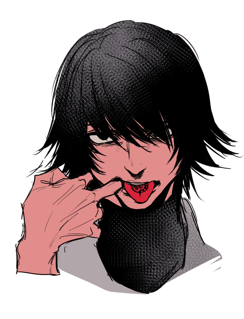 1boy black_eyes black_hair caim_(drag-on_dragoon) drag-on_dragoon finger_in_own_mouth hair_between_eyes highres looking_at_viewer male_focus otenki93 portrait short_hair sketch solo sweater tongue tongue_out tongue_tattoo turtleneck turtleneck_sweater white_background